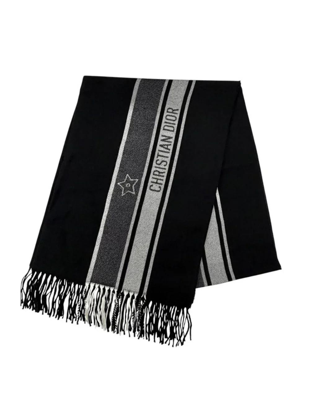 Dior Wool Logo Scarf with Fringe Black Gray 200 Width 70
